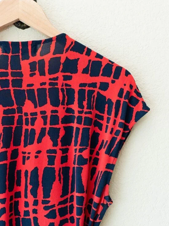 Michael Kors Wrap Dress M Red Blue Abstract Print Knee Length Tie Waist Stretch - Picture 10 of 11